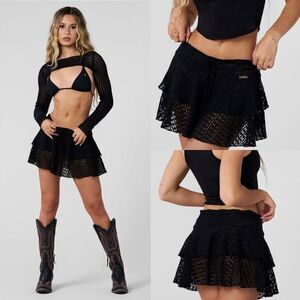 NWT youngla W171 Festival Skirt Black crochet knit flared ruffle mini coverup S